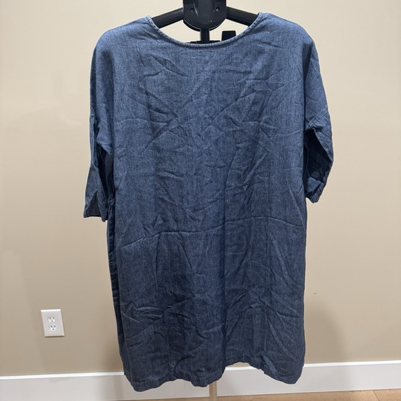 ICHI Chambray Blue Shift Dress Short Sleeve Loose Fit Minimalist One Size - Picture 4 of 10